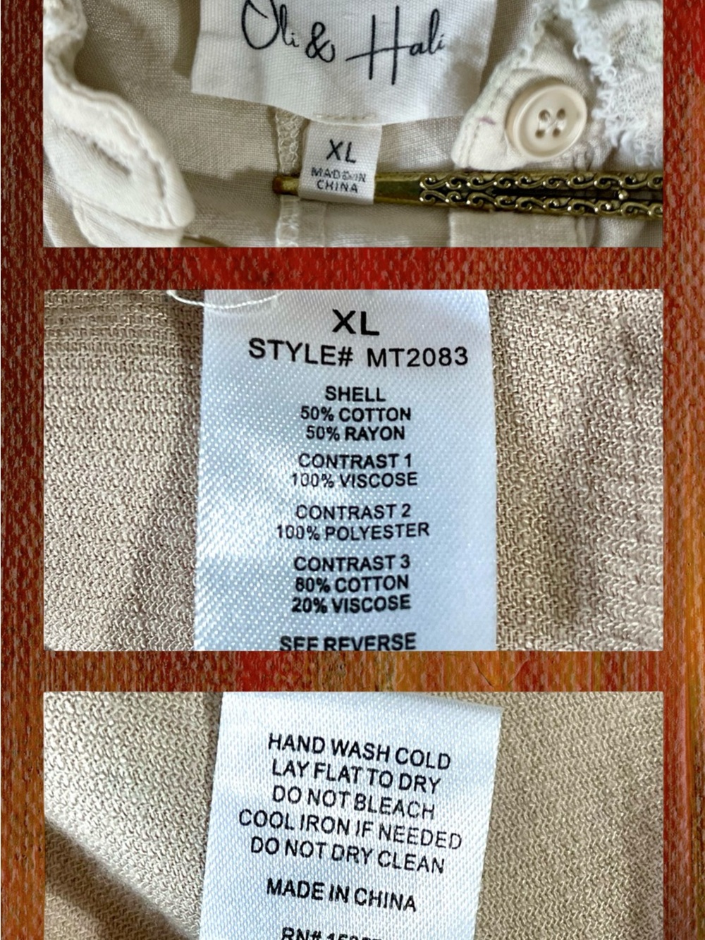Oli & Hali Mixed Media Boho Distressed Ruffle Shacket Jacket Beige Pink Sz XL - Picture 7 of 8